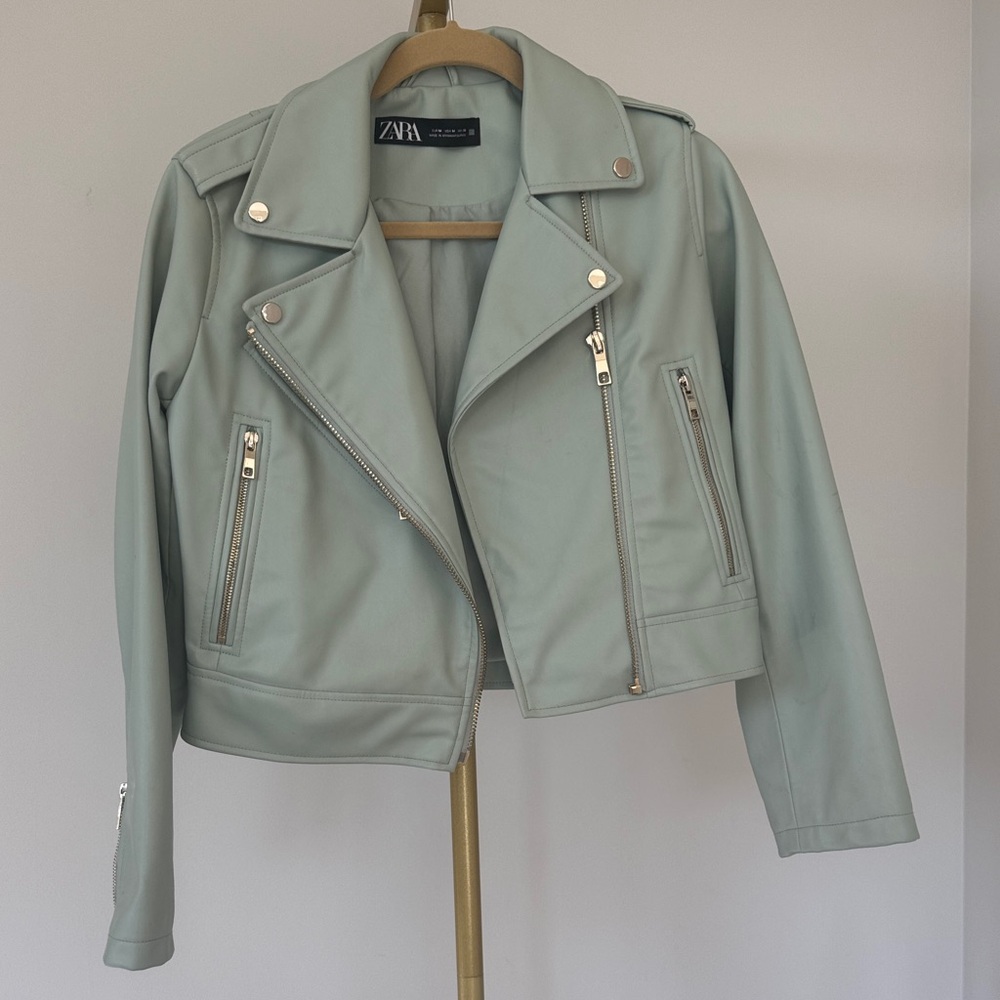 Zara Pastel Green Faux Leather Motorbike Jacket